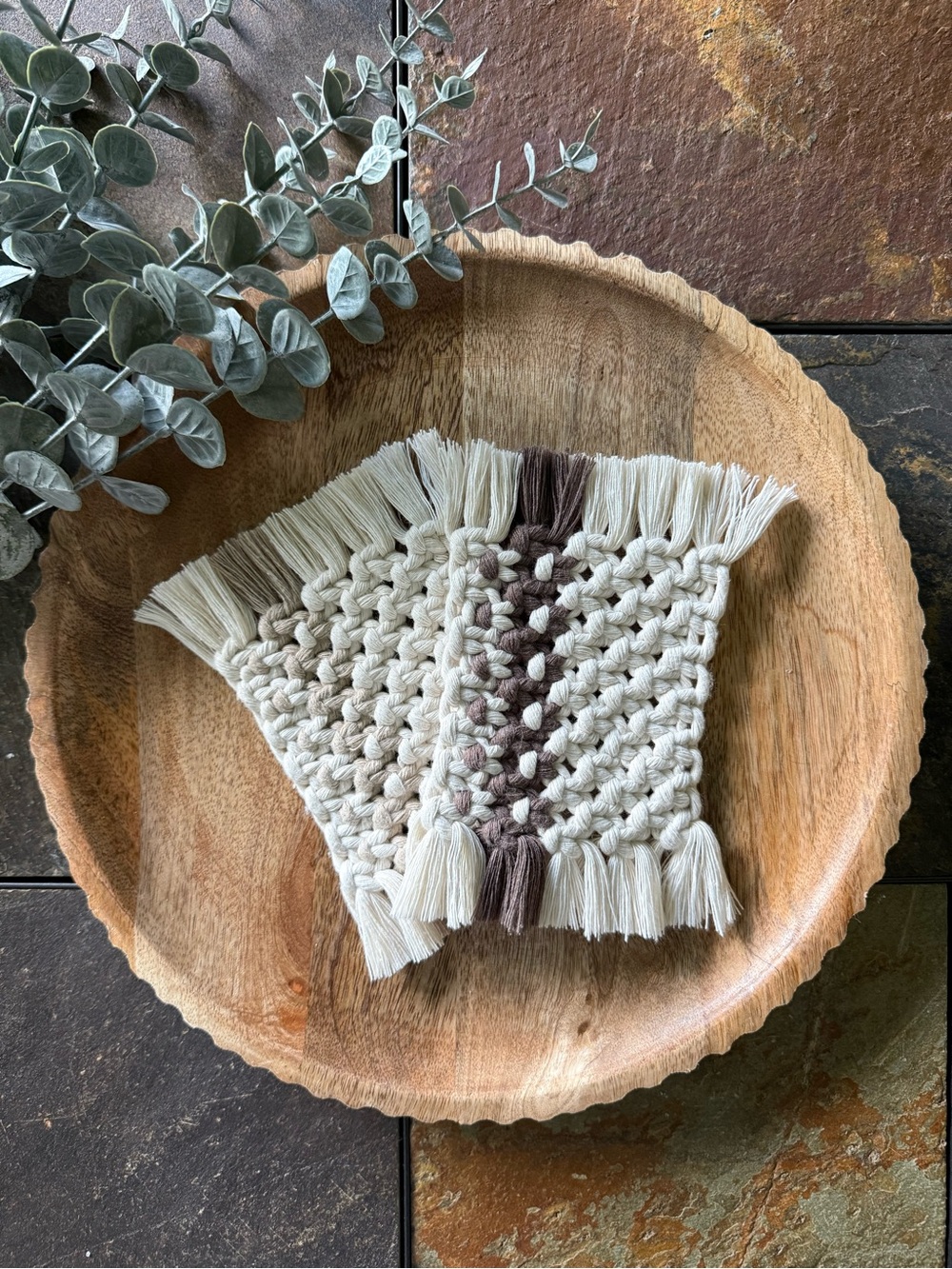 Set of 2 Macrame Coasters, Tan and Brown, Neutral Colors Handmade